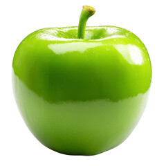Shiny green apple with smooth surface and small stem, showcasing its fresh and crisp appearance. vibrant color and glossy texture make it look appetizing and healthy