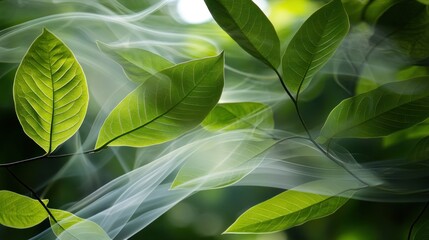 Green leaves with streaks of light and gentle wisps