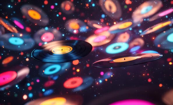 Vinyl records float in a colorful, sparkling galaxy, evoking nostalgia and a passion for music	