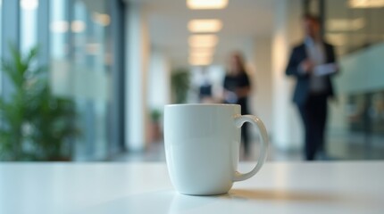 Fototapeta premium A Serene Coffee Break Amidst a Bustling Office Environment: A Glimpse of Everyday Work Life