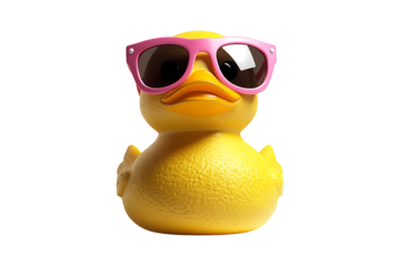 A yellow rubber duck sporting pink sunglasses isolated on transparent background
