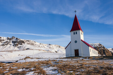 Beautiful view of Vikurkirkja church in the town of V&iacute;k &iacute; M&yacute;rdal (South Iceland)