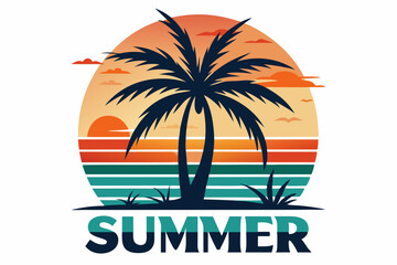 retro sunset beach palm tree vector illustration,  summer vibes t-shirt design