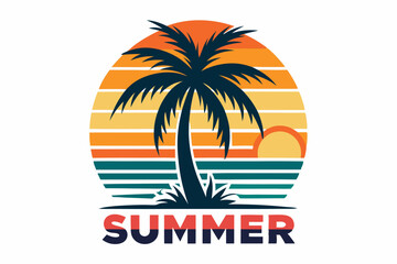 retro sunset beach palm tree vector illustration,  summer vibes t-shirt design