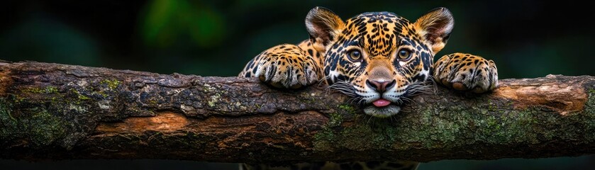 Obraz premium A playful jaguar rests its paws on a large tree branch