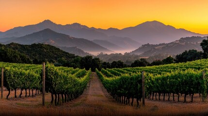 Fototapeta premium Lush green vineyard at sunset with rolling mountain backdrop