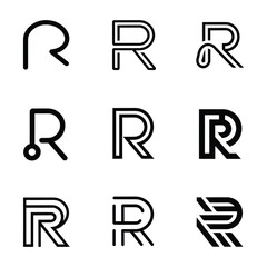 Collection of modern minimalist initial letter R logos on solid white background
