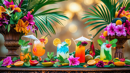 A gorgeous arrangement of colorful tropical cocktails, fruits and flowers on a wooden table.