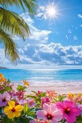 Tropical beach paradise with vibrant flowers and palm trees