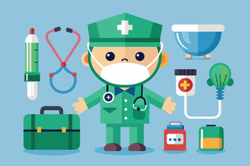 A cartoon-style doctor stands in a colorful environment, surrounded by medical tools like a stethoscope, syringe, and various healthcare equipment, promoting a friendly atmosphere.