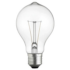 Clear incandescent light bulb with visible filament and metal base, symbolizing ideas and innovation, isolated on transparency background
