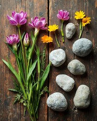 Fototapeta premium Floral Arrangement with Stones on Wooden Background