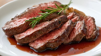 Fototapeta premium Deliciously Cooked Beef Steak with Fresh Herbs on a White Plate
