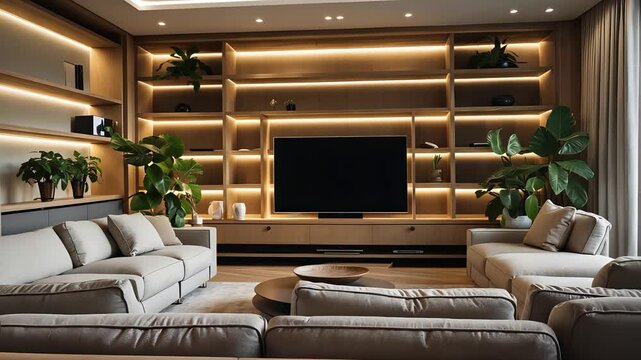 Modern living room with beige sofas, wooden shelves with warm backlighting, large flat screen TV, and indoor plants in cozy setting


