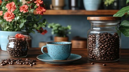 Coffee Beans In Glass Jars With Blooming Flowers And Ceramic Cup On Wooden Table