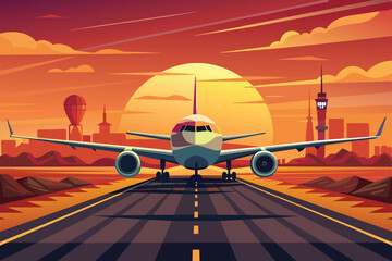 An airplane sits on the runway, ready for departure. The setting sun casts vibrant colors across the sky, highlighting nearby skyscrapers and hot air balloons.