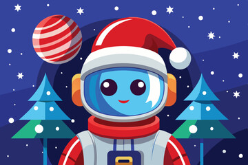 Naklejka premium A friendly robot dressed as Santa enjoys a winter wonderland, surrounded by snow-covered trees and colorful ornaments while snowflakes gently fall in the background.