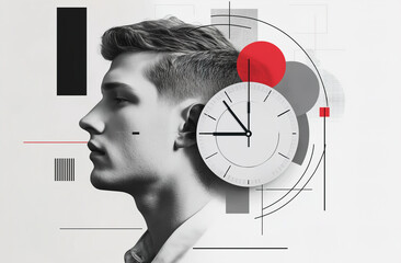 A man's face is shown with a clock on it