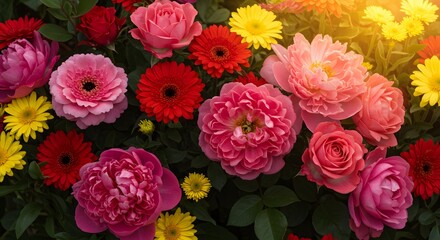 Obraz premium Colorful flower arrangement showcasing lush blossoms in a garden at sunset Generative AI