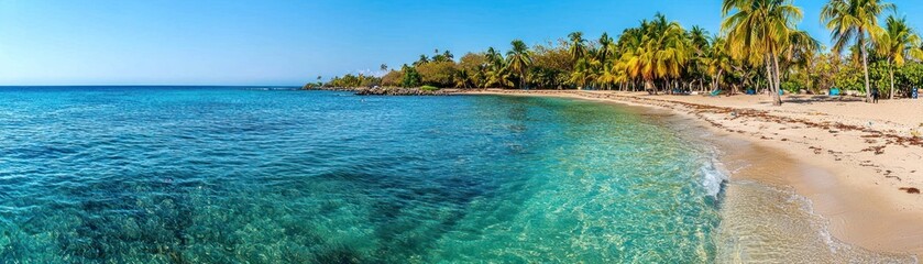 A panoramic view of a tropical beach and clear ocean water