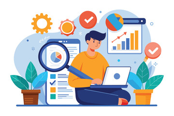 The young man sits cross-legged, focusing on his laptop to analyze data, with various charts and checklists around him in a colorful workspace full of greenery.