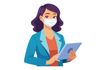 The woman, dressed in a blazer and protective mask, uses a tablet in a well-lit office, showcasing a blend of professionalism and health safety.