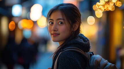 Kyoto People. Asian Female Backpacker Exploring Ninen Zaka Street at Dusk in Japan