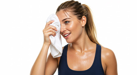 Sweaty Woman Wiping Face With Towel After Intense Exercise With Blue Tank Top Against White Background