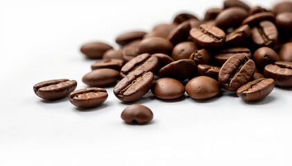 Naklejka premium Rich coffee beans scattered on a plain white surface, product, brown, packaging