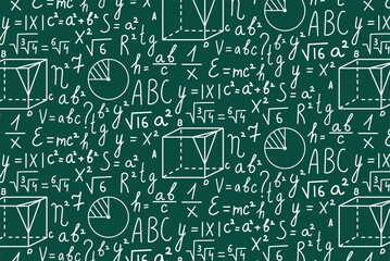 Repeating seamless pattern with math formulas and diagrams on a chalkboard-like background. Ideal for educational materials and digital products.