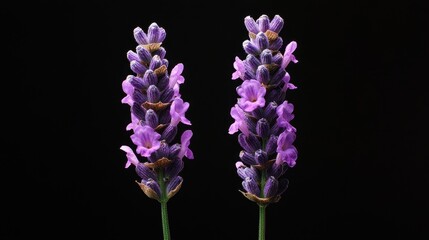 Obraz premium Lavender Black Background. Studio Shot of Two Lavender Flowers with Copy Space