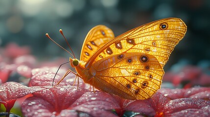 Vibrant orange butterfly resting on pink flowers with a blurred garden background, showcasing nature's beauty