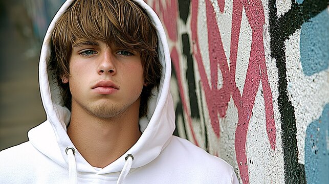 man loitering near a graffiti-covered alley, wearing hoodie, appearing suspicious, representing motivated offender in urban setting Crime triangle theory youth delinquency, crime risk, graffiti 