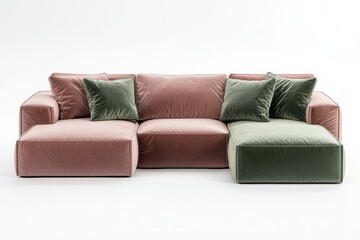 Modern modular velvet sofa in dusty rose and olive green, featuring a chaise lounge and plush cushions.