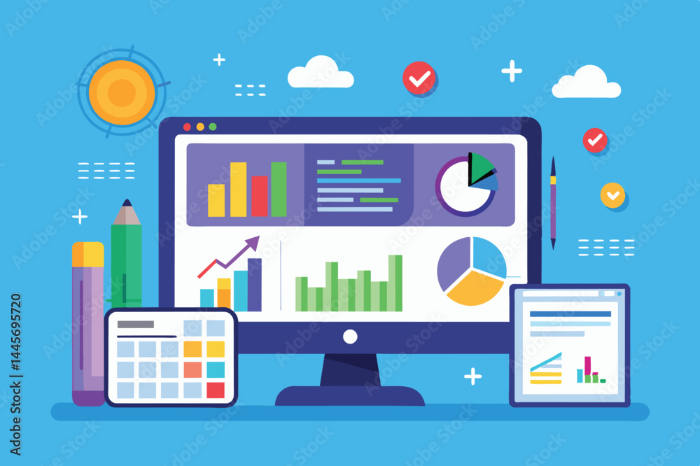 Poster a vibrant digital workspace features a computer displaying various graphs and charts, surrounded by 