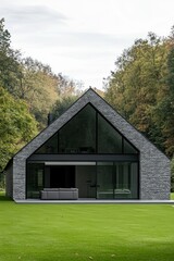 Modern architectural design with large glass elements set against a vibrant forest backdrop in a serene natural environment