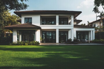 A contemporary villa showcasing sophisticated architectural design, surrounded by vibrant greenery, all set in a serene neighborhood basking in the warm midday sunshine