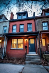 The beautifully restored facade of a red brick house highlights the perfect blend of modern design and timeless architectural charm, all set in a tranquil neighborhood as dusk begins to settle in
