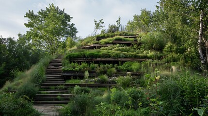 Outdoor amphitheater integrated into a sloping green roof of a public building in a smart city park