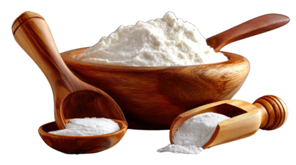 The essence of Culinary Powder: This photograph showcases a wooden bowl and spoons filled with fine, pristine powder, ideal for culinary use. This image, focusing on culinary.