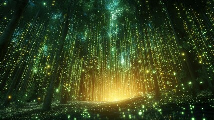 A vibrant digital landscape of glowing green dots and flowing lines, evoking a futuristic environment.