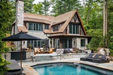 Elegant stone cottage with inviting pool and outdoor seating area, nestled in a serene forest setting, perfect for relaxation and leisure activities during warm summer days