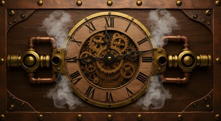 Intricate steampunk clock display with gears, brass elements, and steam effects in an industrial design Generative AI