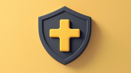 Obraz premium Modern shield emblem with a yellow cross symbol representing health safety protection and security on a muted background for healthcare, insurance, and safety themes