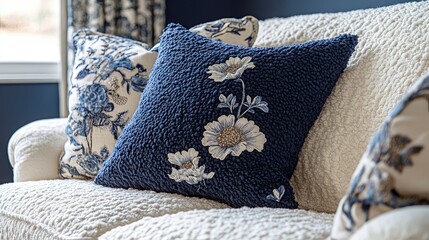 Cozy blue floral pillows on sofa