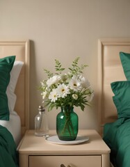 Stylish floral arrangement in bottle vase on trendy beige nightstand, emerald green bedding ,  nightstand,  home goods