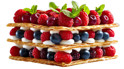 Berry Delight Pastry: A delectable pastry, boasting layers of golden, flaky pastry sheets, interlaced with a creamy filling and adorned with a vibrant medley of fresh berries.