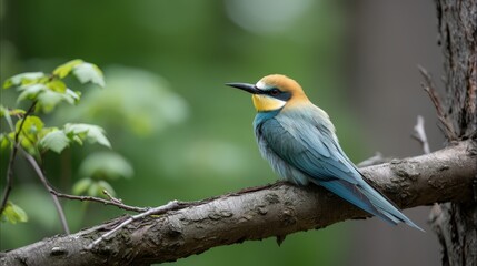 Blue and Yellow Bird on Tree Branch in Green Natural Setting