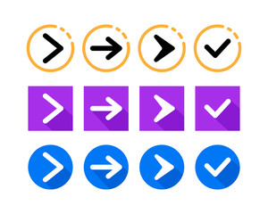 Flat Arrow Right Direction and Check Mark Icons Set – Circular, Square, and Rounded Styles