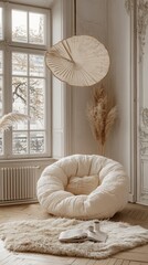 Cozy corner with plush armchair, natural elements